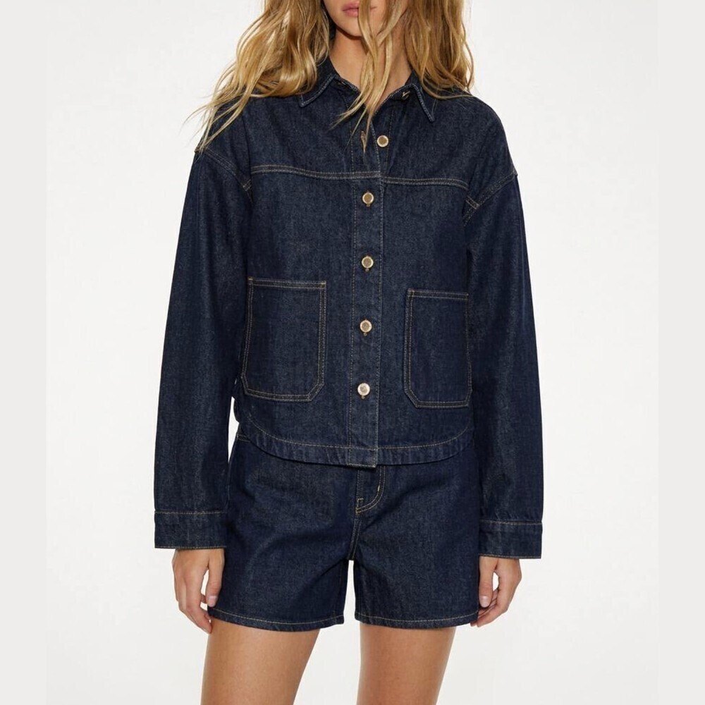 Dark Indigo Denim Collared Jacket and Bermuda Shorts Set